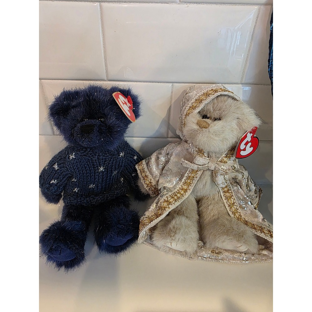Ty Attic Treasures Orion & Gwyndolyn Bear Set Navy Blue Star Cream Silver Gold